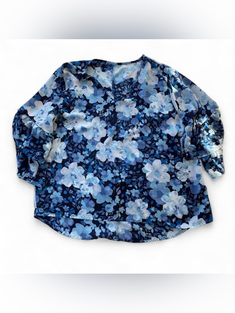 Women's Blue & White Floral V-Neck Blouse Layered Ruffle 3/4 Sleeves XL Boho